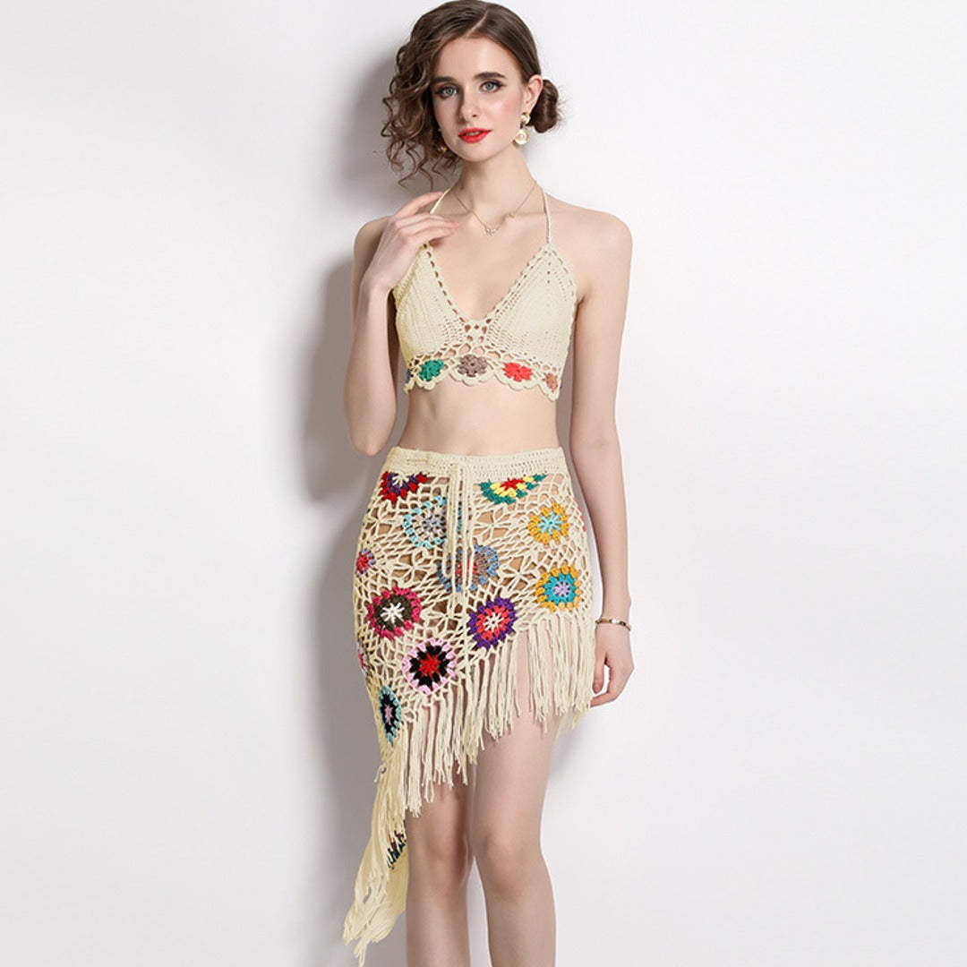 Top and Crochet Floral Tassels Skirt Suits