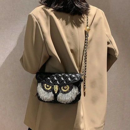 Majestic Owl Beaded Tassel Shoulder Handbag
