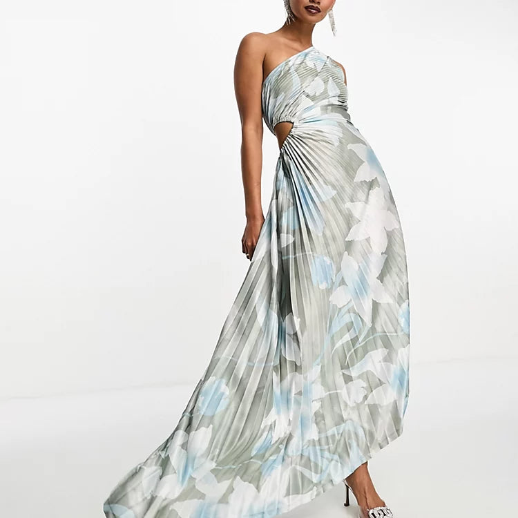 Dusk Blossom One Shoulder Pleated Gown