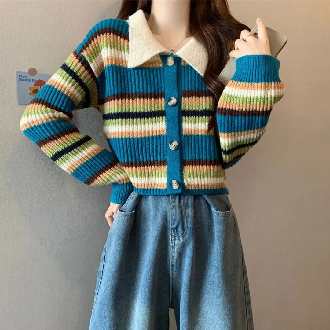 Striped Contrast Collar Button-Up Cardigan