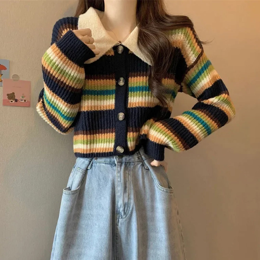 Striped Contrast Collar Button-Up Cardigan