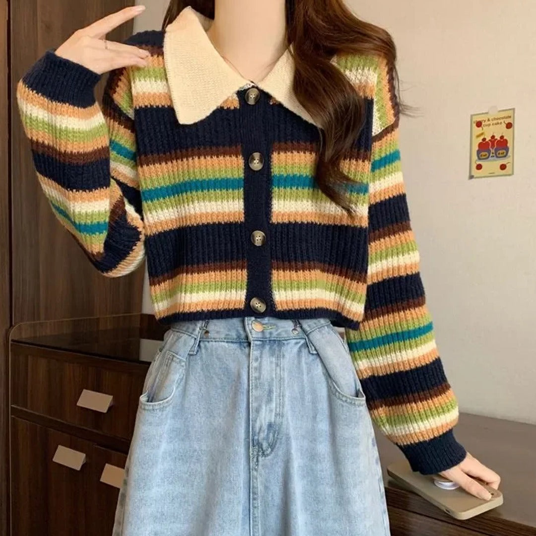 Striped Contrast Collar Button-Up Cardigan