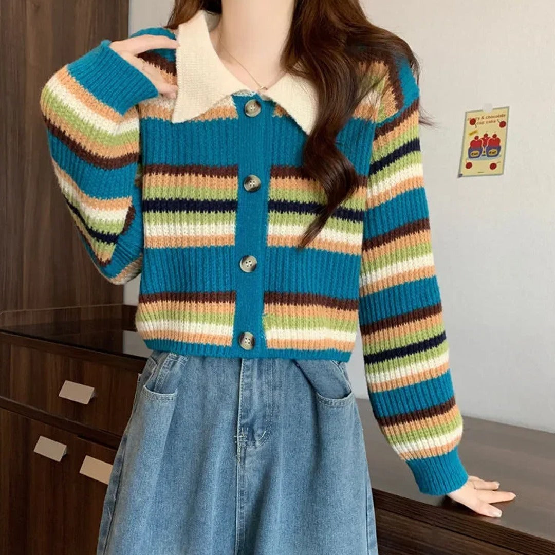 Striped Contrast Collar Button-Up Cardigan