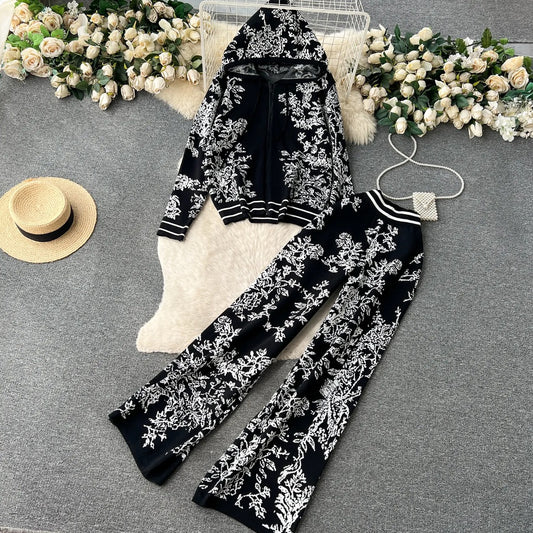 Printed Hooded Knit Cardigan + High Waisted Wide Leg Pants
