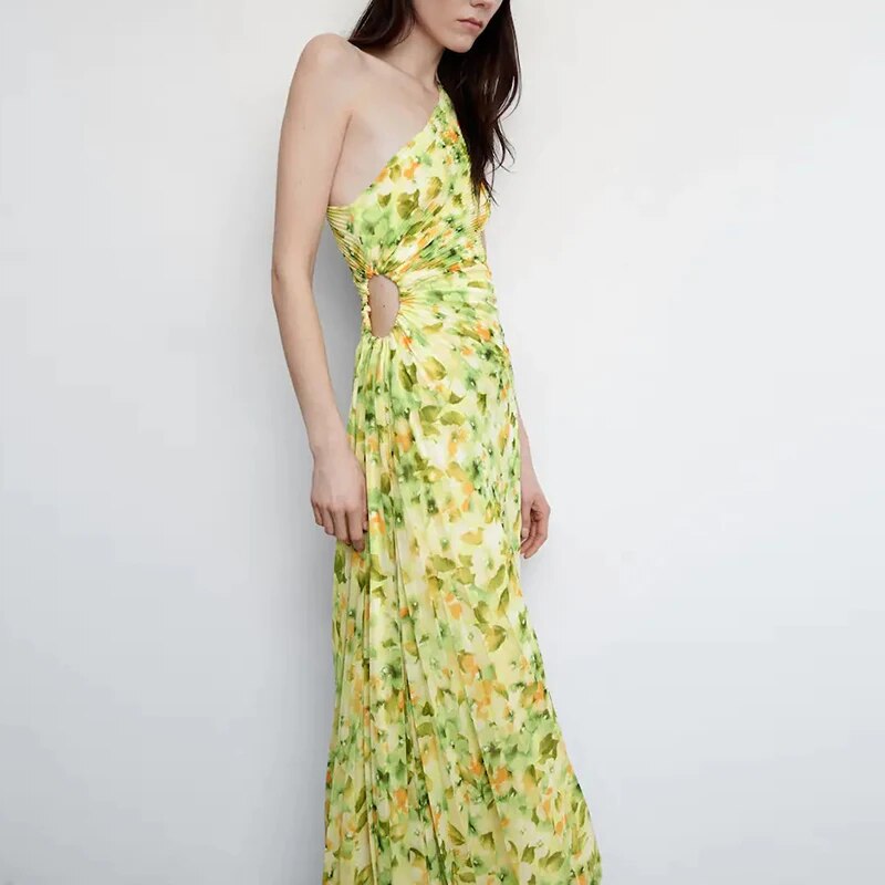 Sunlit Blossom One Shoulder Pleated Gown