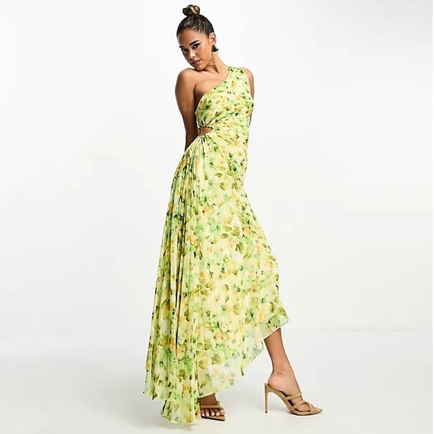 Sunlit Blossom One Shoulder Pleated Gown