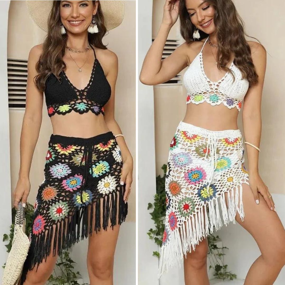 Top and Crochet Floral Tassels Skirt Suits