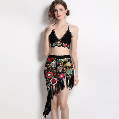 Top and Crochet Floral Tassels Skirt Suits