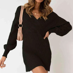 Hemp Pattern V-Neck Slim Fit Sweater Dresses