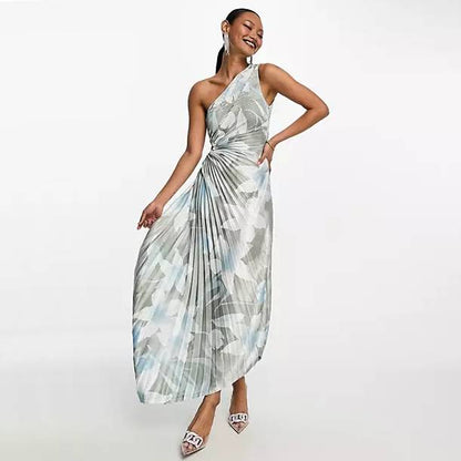 Dusk Blossom One Shoulder Pleated Gown