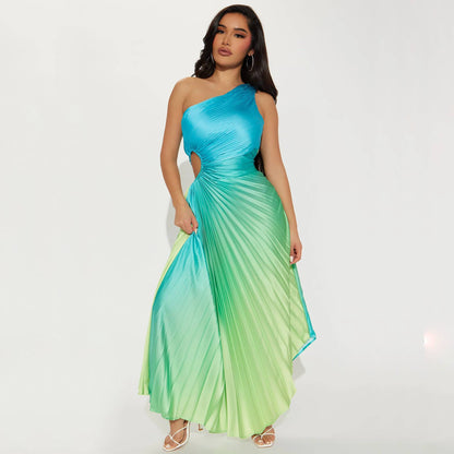 Golden Horizon Ombre One Shoulder Pleated Gown