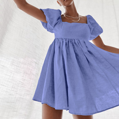 Square Collar Spring Puff Sleeve Casual Dress