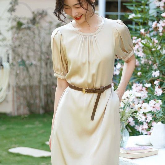 Liliana Elegant Silk Dress with Belt Waistline