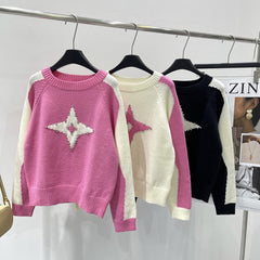 Star Diamond Embellished Contrast Knitted Top