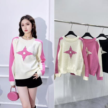 Star Diamond Embellished Contrast Knitted Top