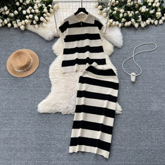 Elegant Stripes Knitted Split Skirt Two-Piece Dress