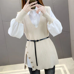 Knitted Waistcoat Shirt Two-Piece Set