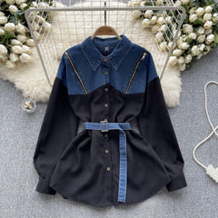 Chic Contrast Denim Stitch Mid-Length Long Sleeve Shirt