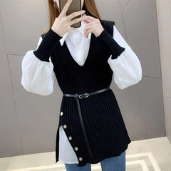 Knitted Waistcoat Shirt Two-Piece Set