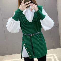 Knitted Waistcoat Shirt Two-Piece Set