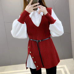 Knitted Waistcoat Shirt Two-Piece Set