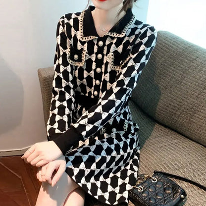 High Waist A-Line Medium Length Knitted Dress