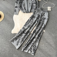 Printed Hooded Knit Cardigan + High Waisted Wide Leg Pants