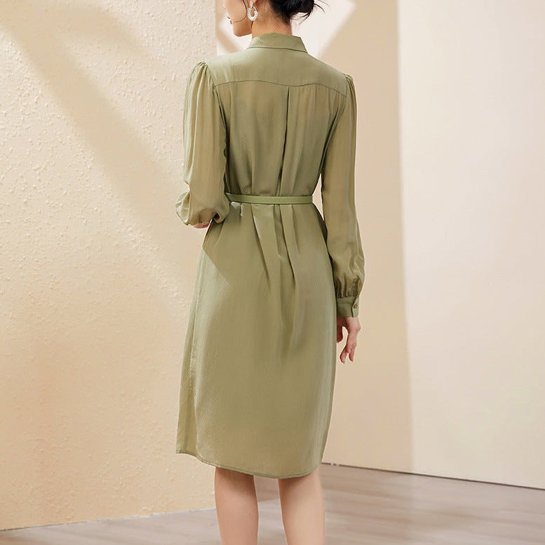 Foggy Green Mulberry Silk Long Sleeve Dress