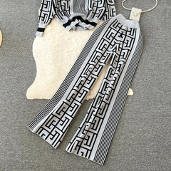 Round Neck Labyrinth Print Sweater+Flared Pants