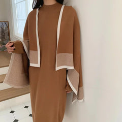 Casual Knitted Dress Set Half Warm Shawl