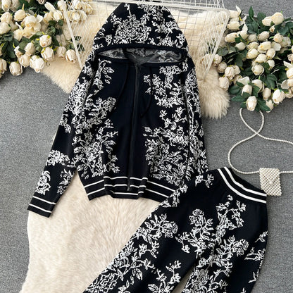 Printed Hooded Knit Cardigan + High Waisted Wide Leg Pants