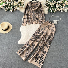 Printed Hooded Knit Cardigan + High Waisted Wide Leg Pants