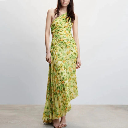 Sunlit Blossom One Shoulder Pleated Gown