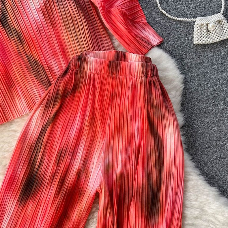 Tie And Dye Pleated Casual Coord Set