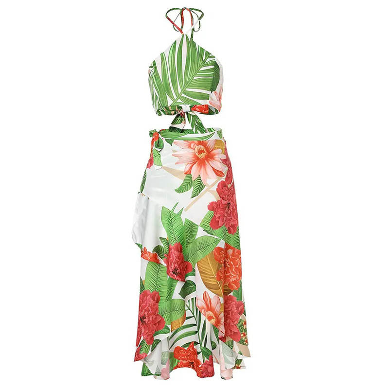 Tropical Print Tied Top & Skirt Set