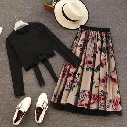 Bowknot Solid Top With Floral Skirt
