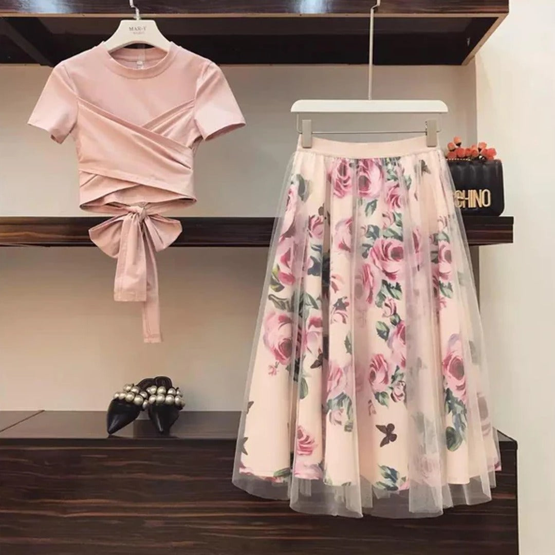 Bowknot Solid Top With Floral Skirt